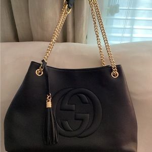 Gucci Soho medium black leather chain shoulder bag tote gold chain New